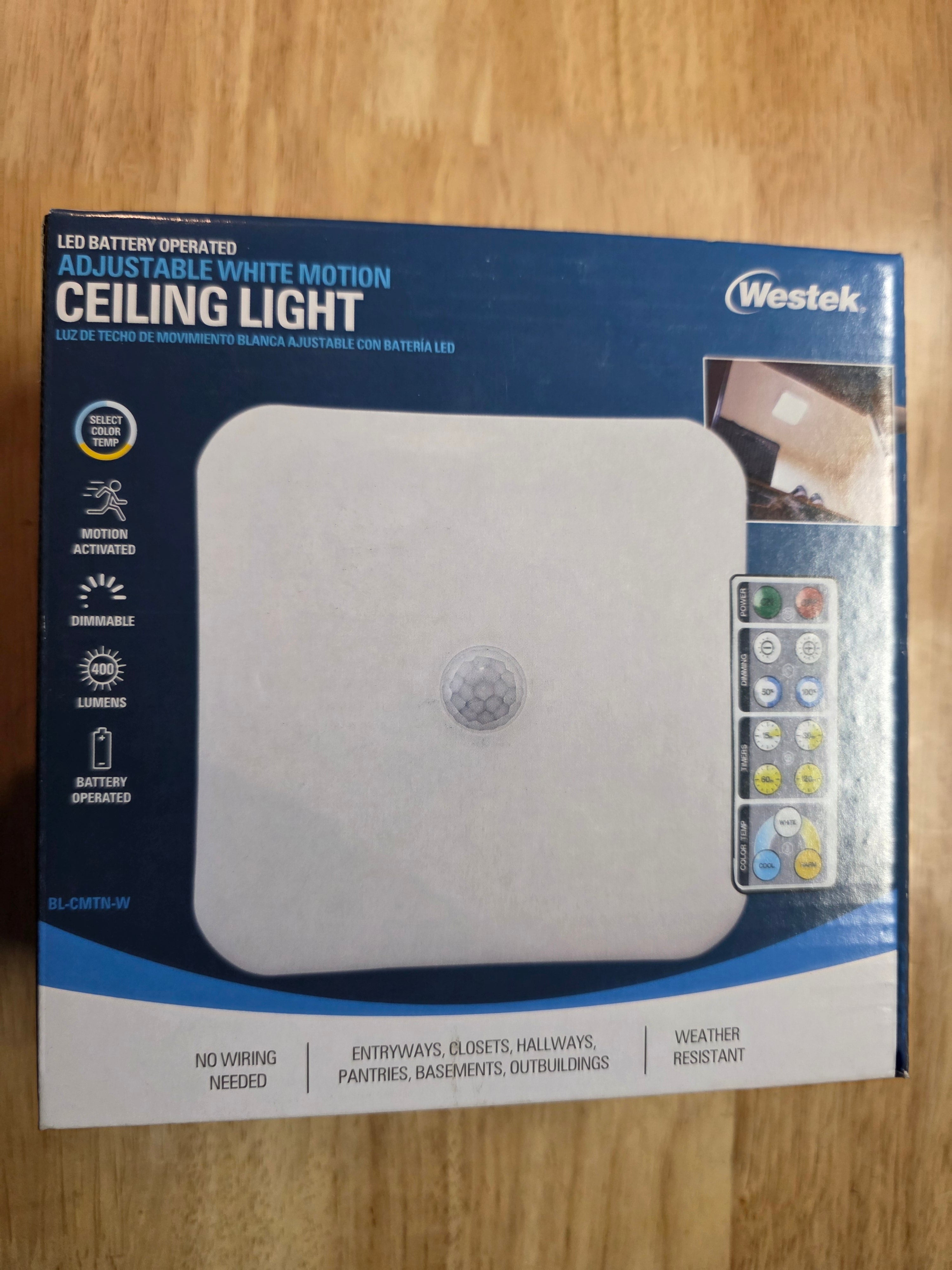 Battery Operated Motion Sensor LED Ceiling Light with Remote Control – 400 Lumens, Adjustable White Light