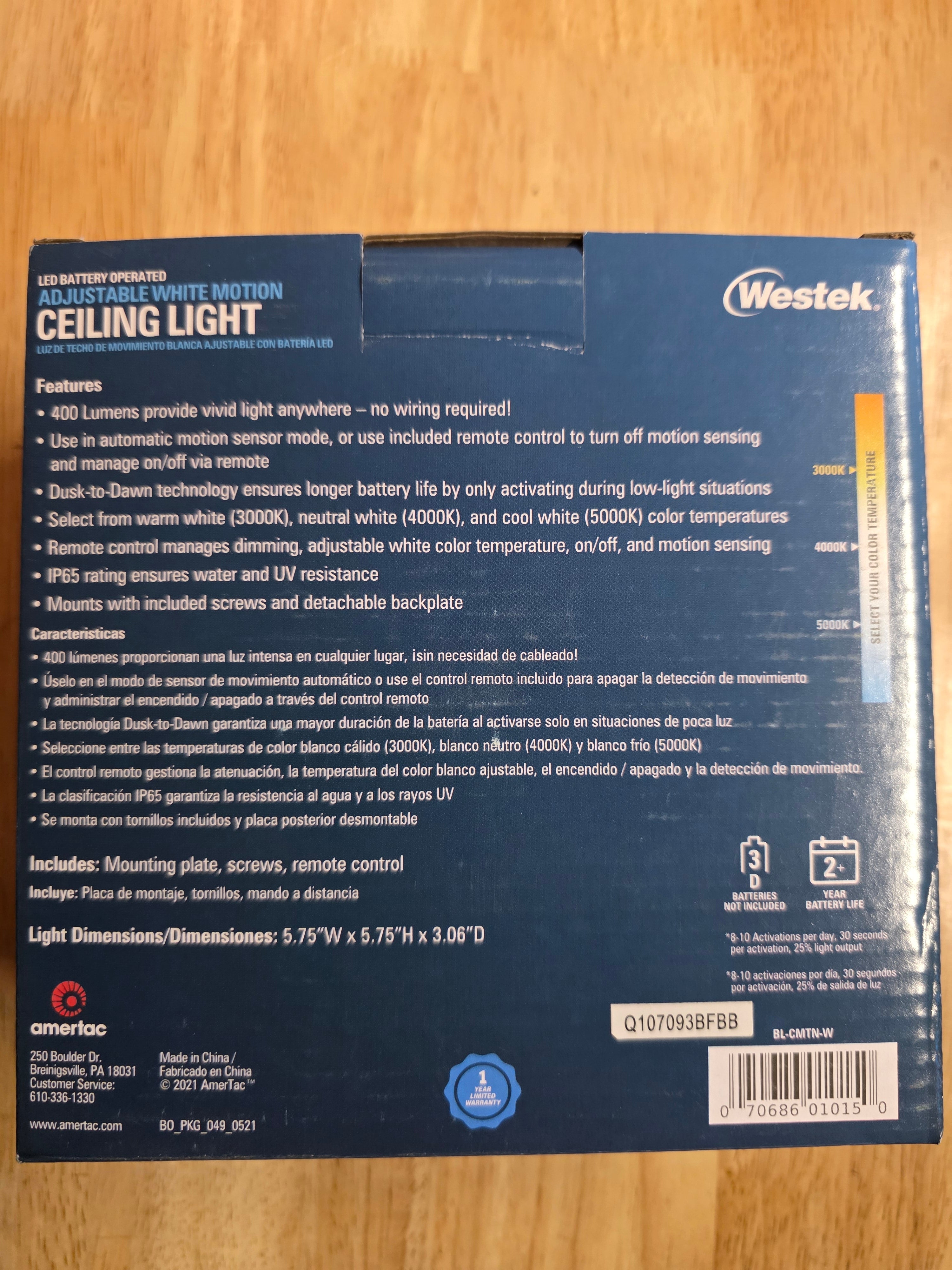 Battery Operated Motion Sensor LED Ceiling Light with Remote Control – 400 Lumens, Adjustable White Light
